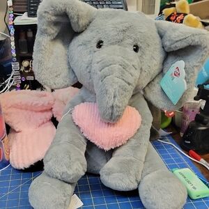 Play Right Gray Elephant Plush with Pink Heart 14" Tall Sitting